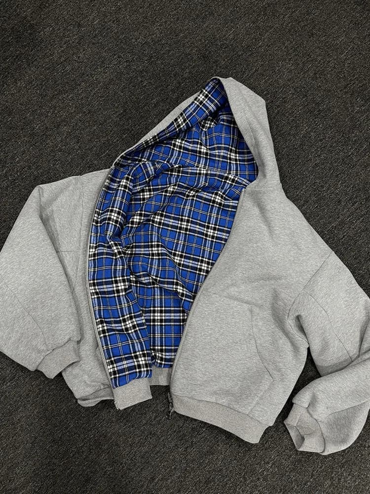 Plaid Print Hoodie Zip-Up