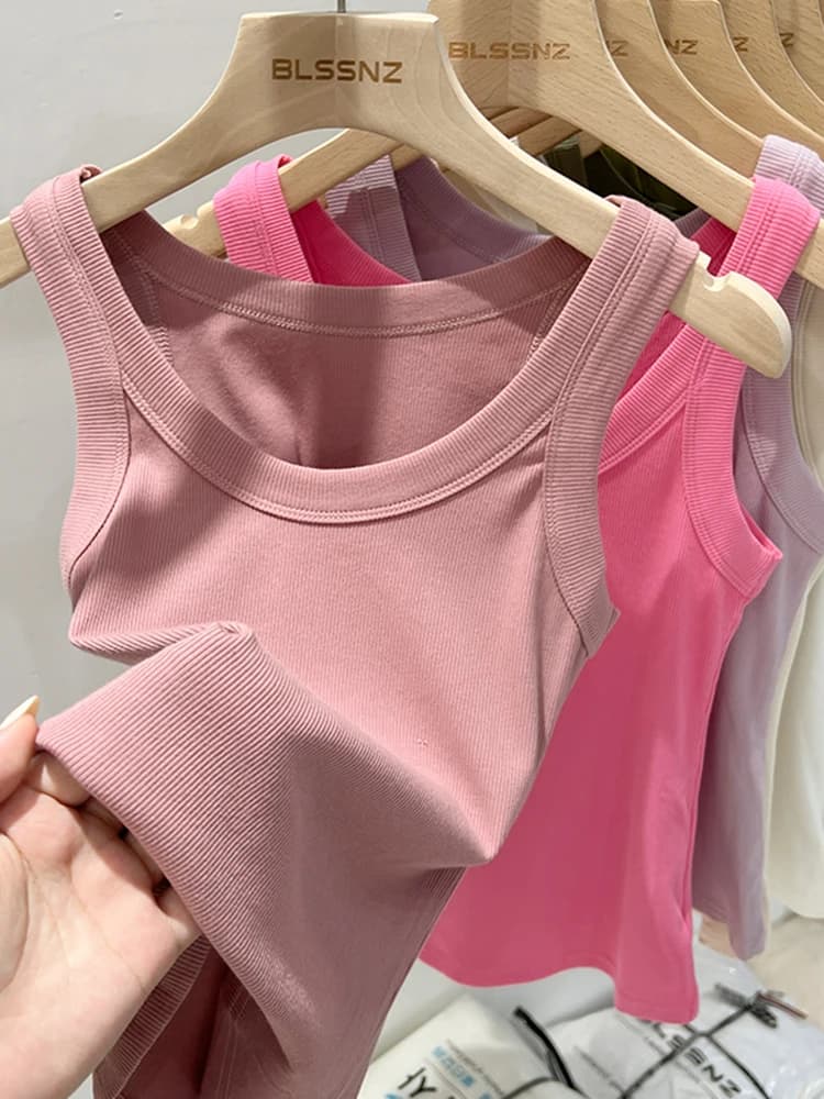 Solid Round Neck Ribbed Tank Top